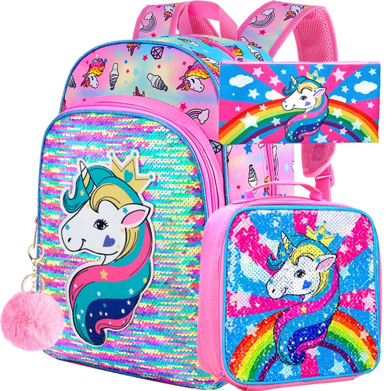 gxtvo 3PCS Unicorn Backpack for Girls, 16" Sequin Prechool Elementary Bookbag and Lunch Box - Image 1